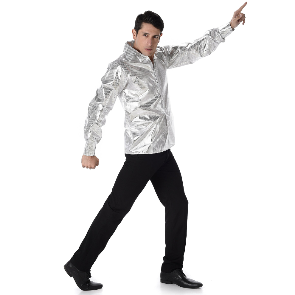 (XL) Men's silver shiny disco shirt