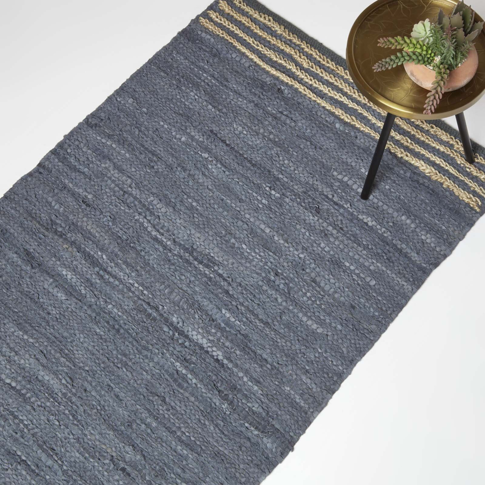 Homescapes (, 90 X 150 Cm) Recycled Leather Handwoven Stripe Rug Grey