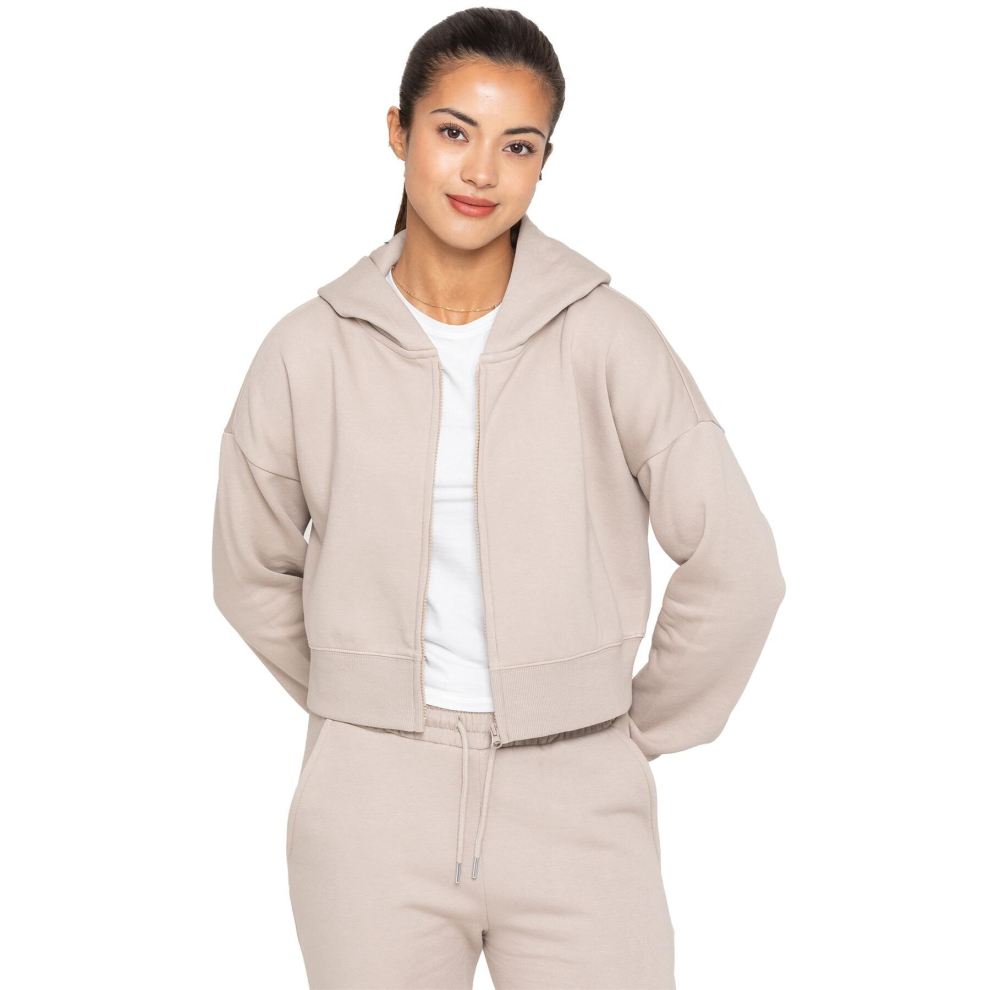 (L, Beige) Enzo Womens Crop Zip Hoodie