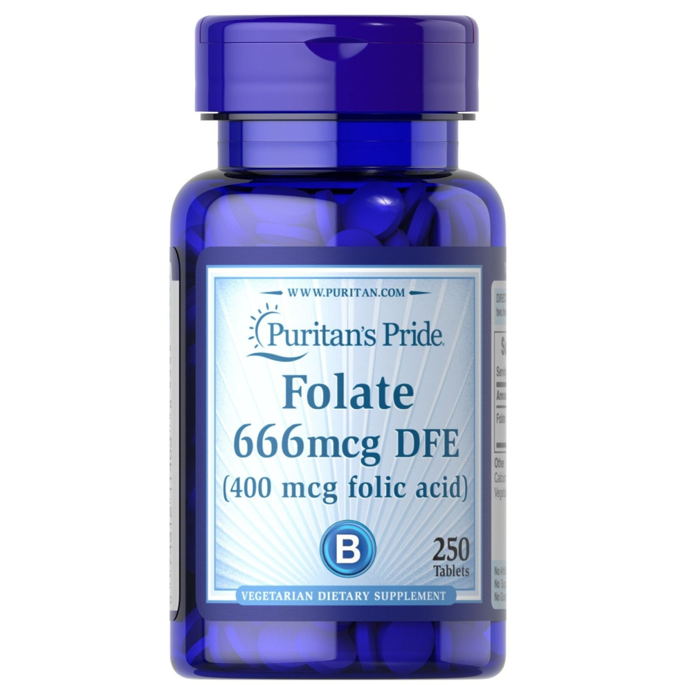 Puritan'S Pride Folate 666Mcg Dfe, 400Mcg Folic Acid 250 Tablets, Dietary Supplement, Supports Cardiovascular Health
