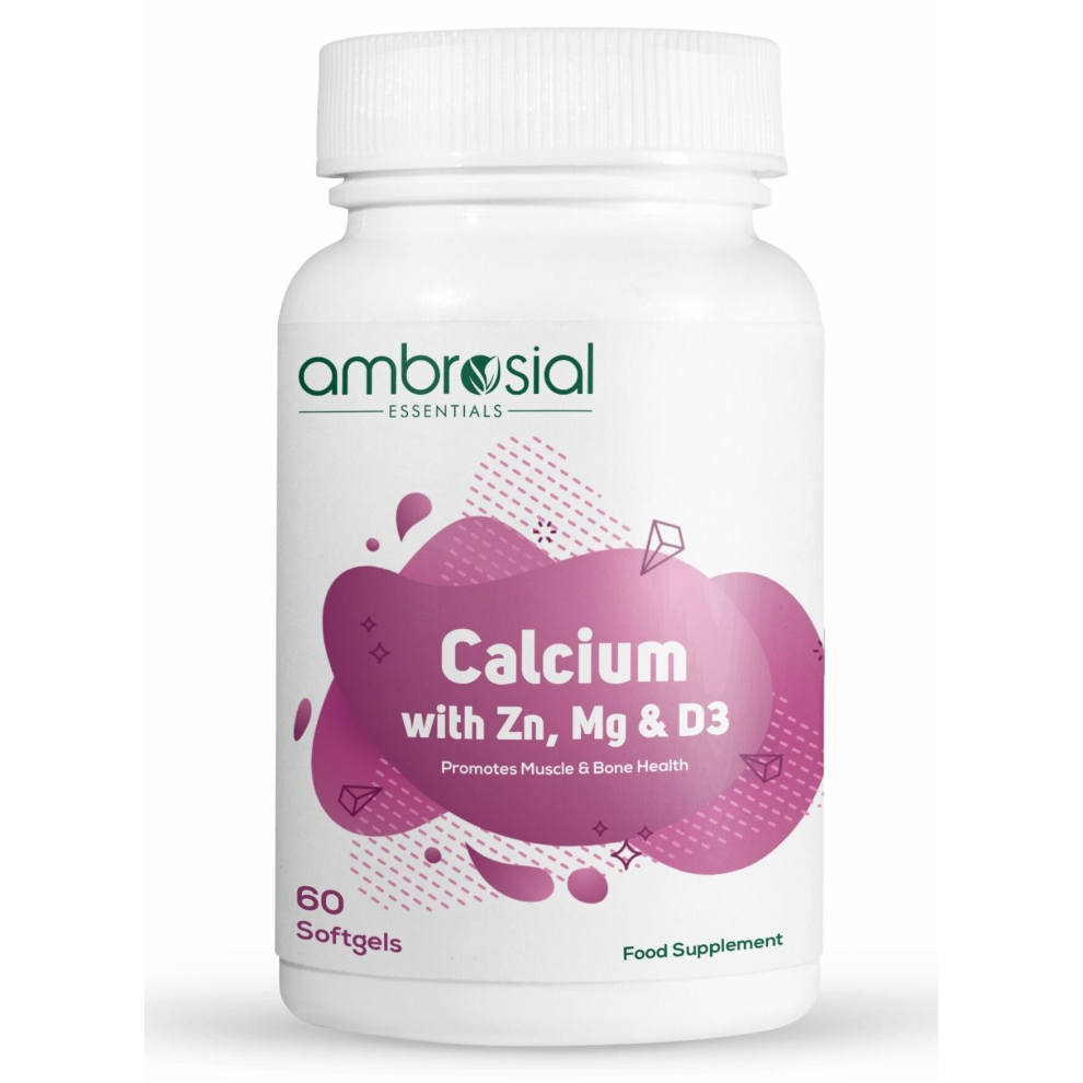 Ambrosial Calcium Magnesium Zinc & Vitamin D3, High Potency Calcium Supplement For Healthy Bones Muscles & Teeth, Dietary Supplement, 60 Softgels