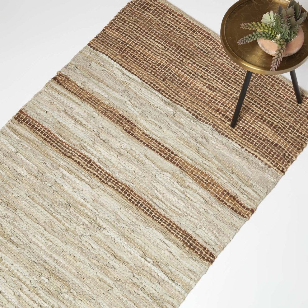 Homescapes (Brown, 160 X 230 Cm) Recycled Leather Handwoven Stripe Rug