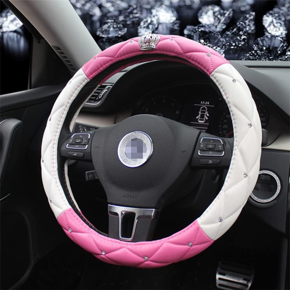 Bling Crown Leather Steering Wheel Cover Women Crystal Rhinestones Diamond Steering Covers 15inch Non Slip Car Protector Accessory(Pink-White)