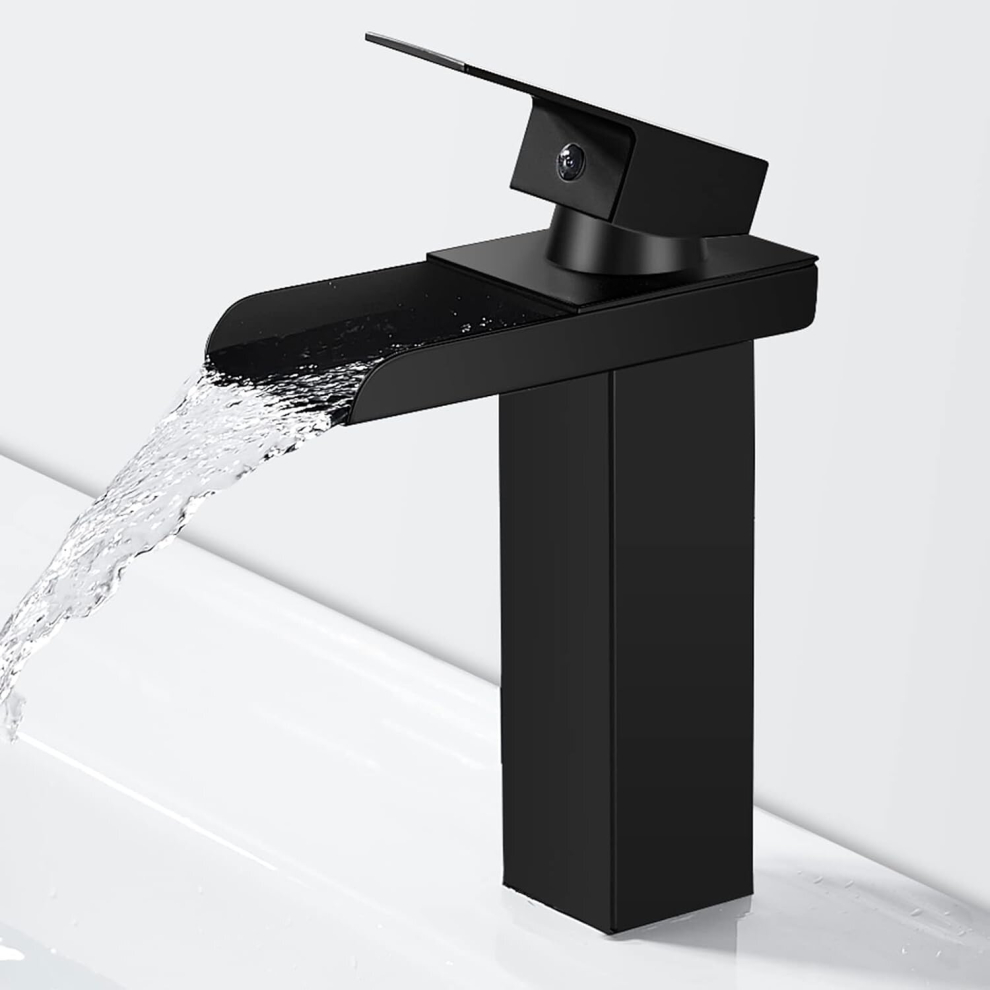 Modern Black Waterfall Bathroom Faucet,Waterfall Basin Mixer,Basin Faucet With Spout Height 140Mm,Brass Bathroom Mixer,Cold&Hot Water Available,G3/8 7770197814386