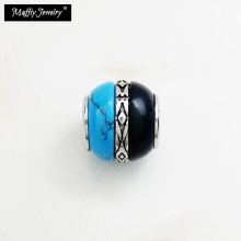 Beads Ethnic Ornament & Bicolor 925 Sterling Silver Turquoise Fine Man Jewelry Accessories DIY Charms Fit Bracelets