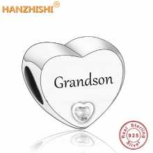 Real 925 Sterling Silver Grandson Heart Charms Beads Fit Bracelet Necklace Jewelry Gift