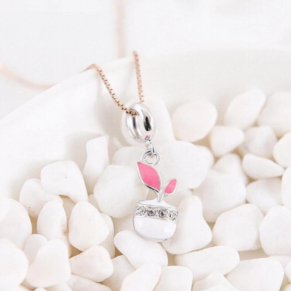 100% 925 Sterling Silver Bead Charm Pot Plant Flower Pave CZ Pendant Enamel Charms Fit Bracelets Women Diy Jewelry-image-OPC-PCV2SJS-NEW