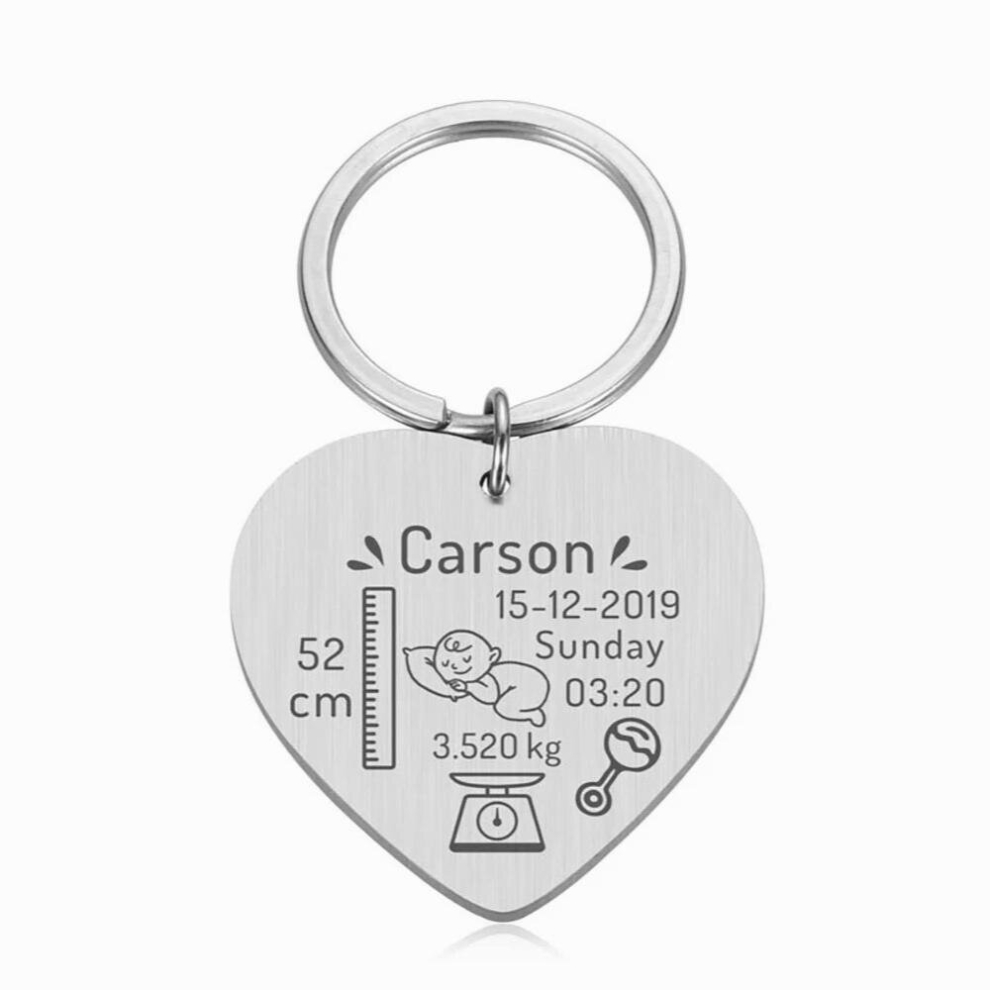 Birth Information Keychain for Child Personalised Stainless steel Heart Engraved Name Keyring For Baby Jewelry Gift