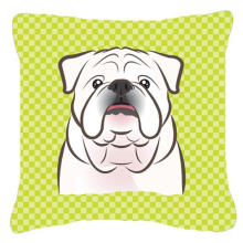 Checkerboard Lime Green White English Bulldog Fabric Decorative Pillow- 18 x 18 In.