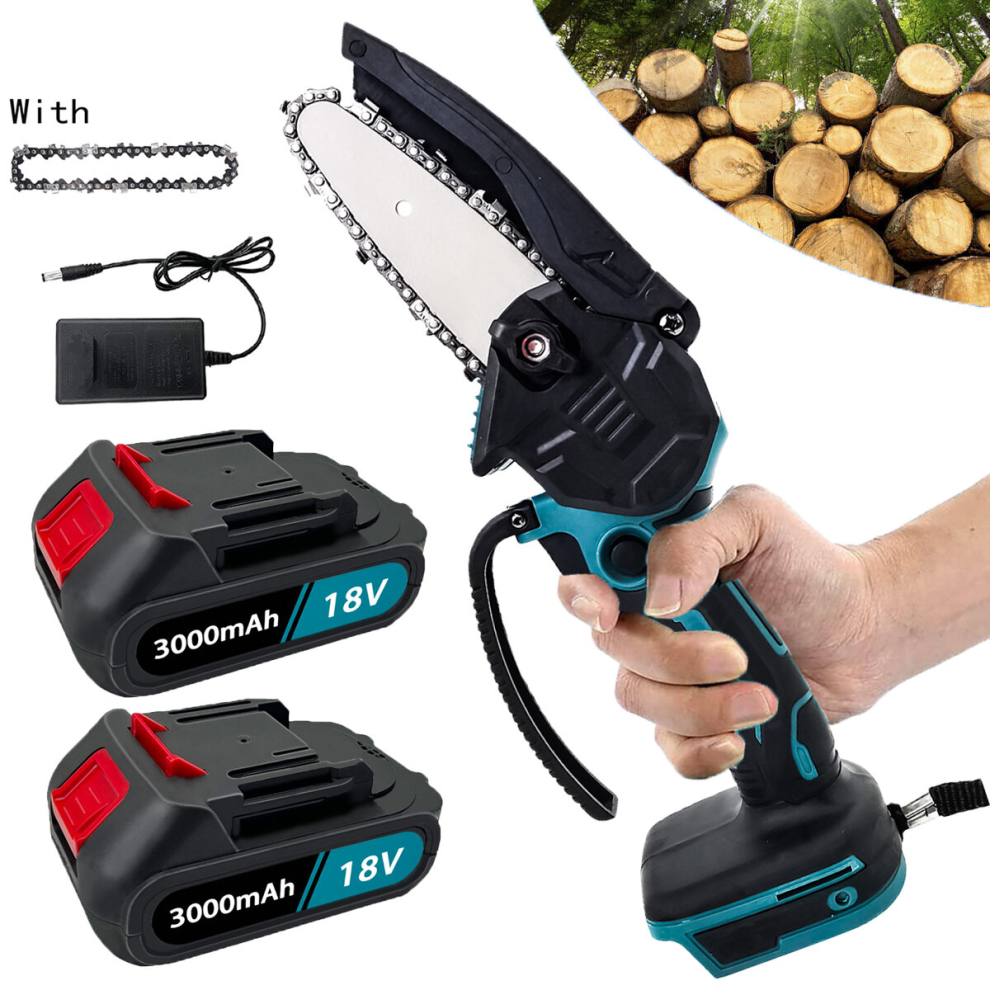 (1x4" Chainsaw+2x3.0A Battery+Charger) Mini Chainsaw Cordless One-Hand Electric Garden Saw 4 Inch-Makita Compatible