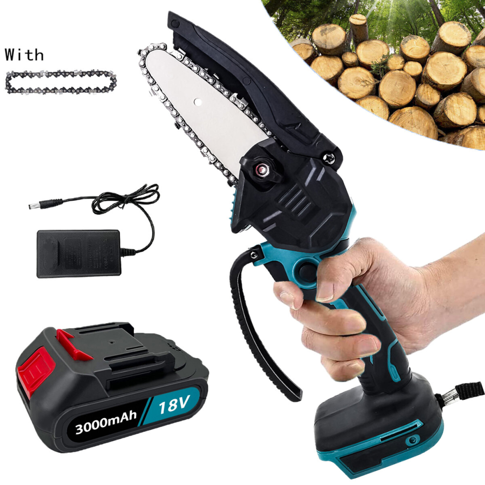 (1x4" Chainsaw+1x3.0A Battery+Charger) Mini Chainsaw Cordless One-Hand Electric Garden Saw 4 Inch-Makita Compatible