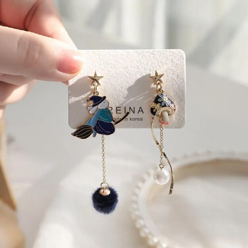 Japanese Childlike Cartoon Magic Witch Clip Earrings Pom Pom Ball Asymmetric Mushroom Long Clip Earrings Without Piercing-image-OPC-PCV6HMJ-NEW