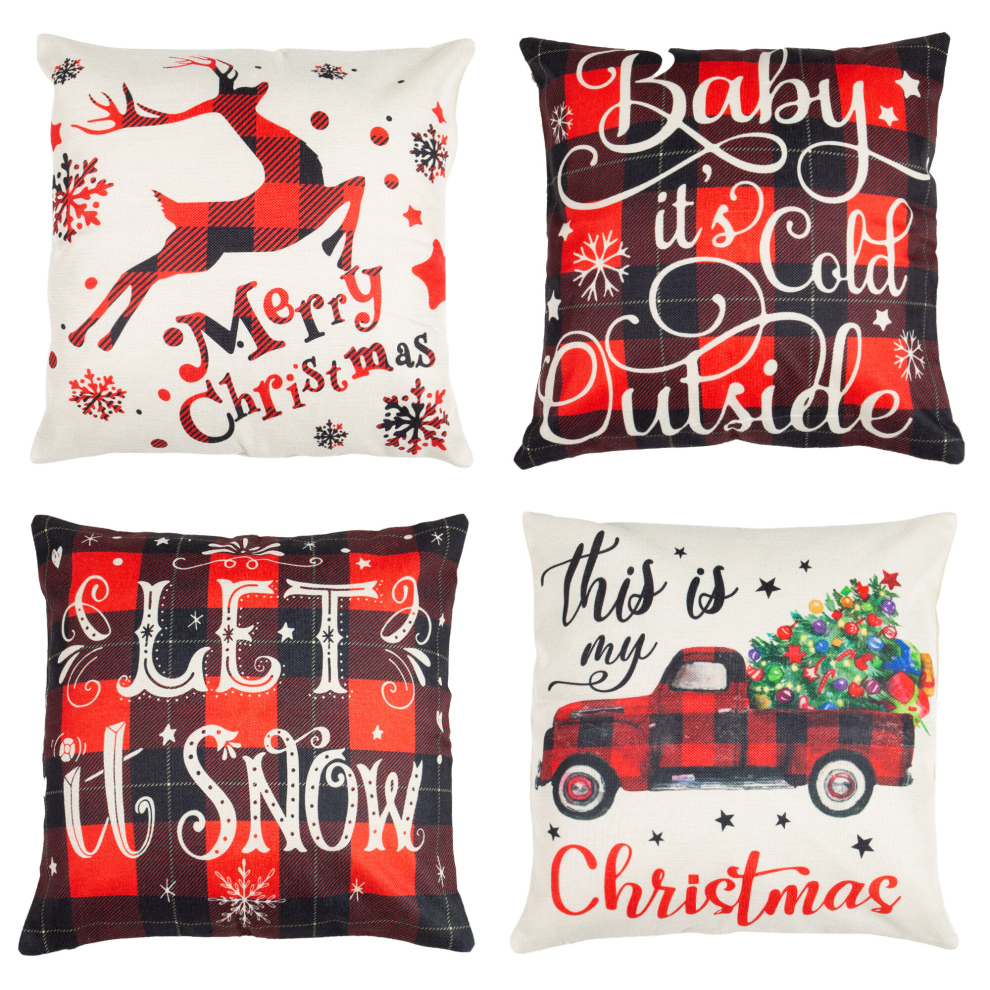 Set of 4 Christmas Cushion Cover Cases Zippered Decorative