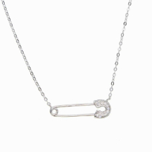 Real 925 Sterling Silver Safety Pin Pendant Necklace for Women - Pave CZ, Delicate Wedding Jewelry