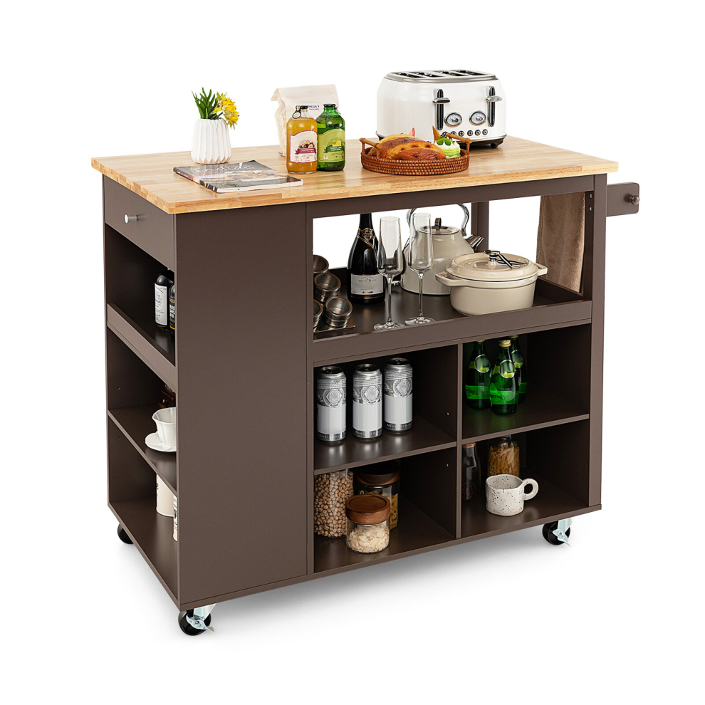 Costway Versatile Kitchen Trolley Island Serving Cart W/ 4 Adjustable Shelves Brown
