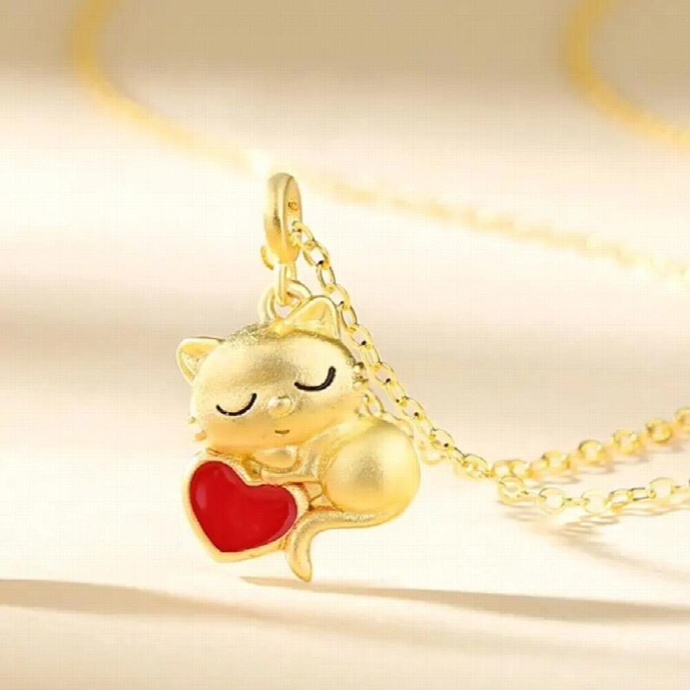 Real 925 Sterling Silver Jewelry Cat Heart Pendant Necklace Women Rose Plating Girl Accessories-image-OPC-PCV6Z2T-NEW