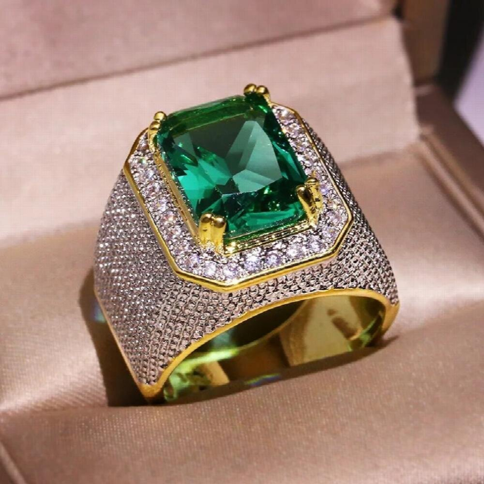 14K Yellow Ring for Men Pure Natural Emerald Gemstone Bizuteria Jewelry Invisible Setting Square Engagement 14K Rings