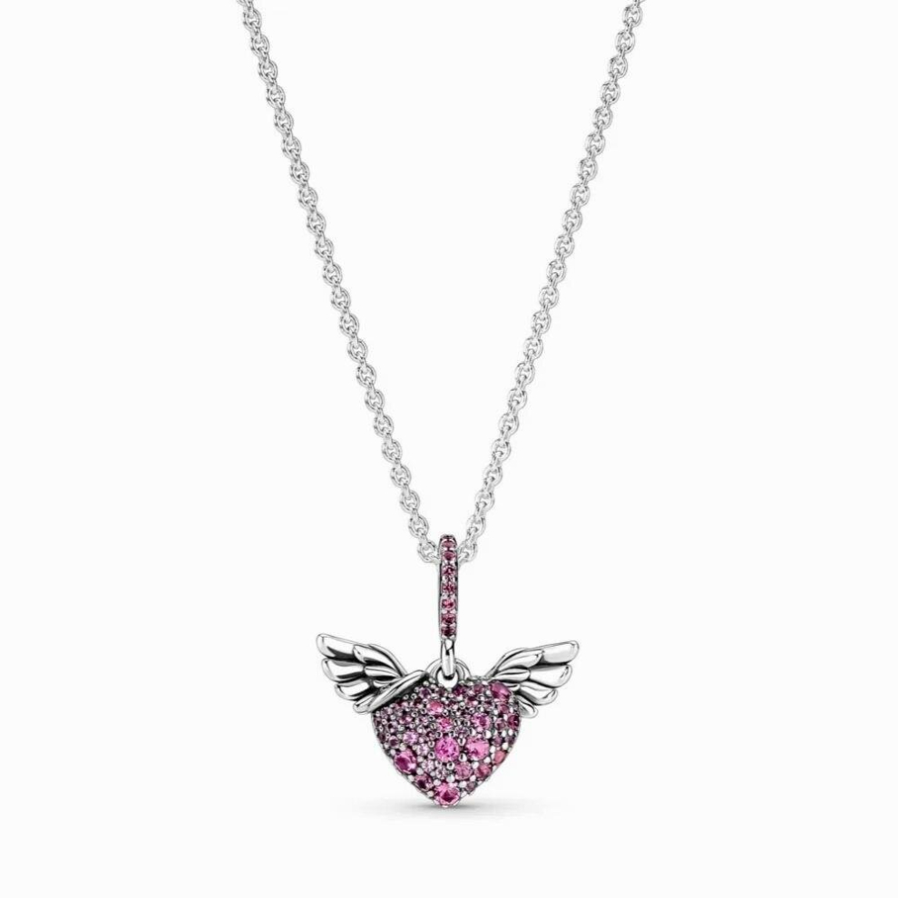 925 Sterling Silver Pave Heart & Angel Wings Freehand Heart Necklace For Women Bead Charm Diy Jewelry Multicoloured