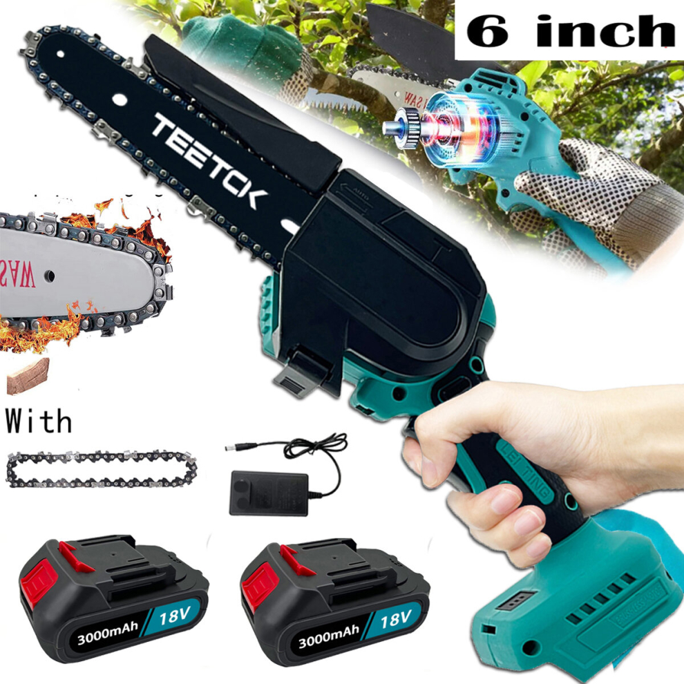 (1x6" Chainsaw+2x3.0A Battery+Charger) 6inch Small Mini Cordless Chainsaw Handheld Garden Saw