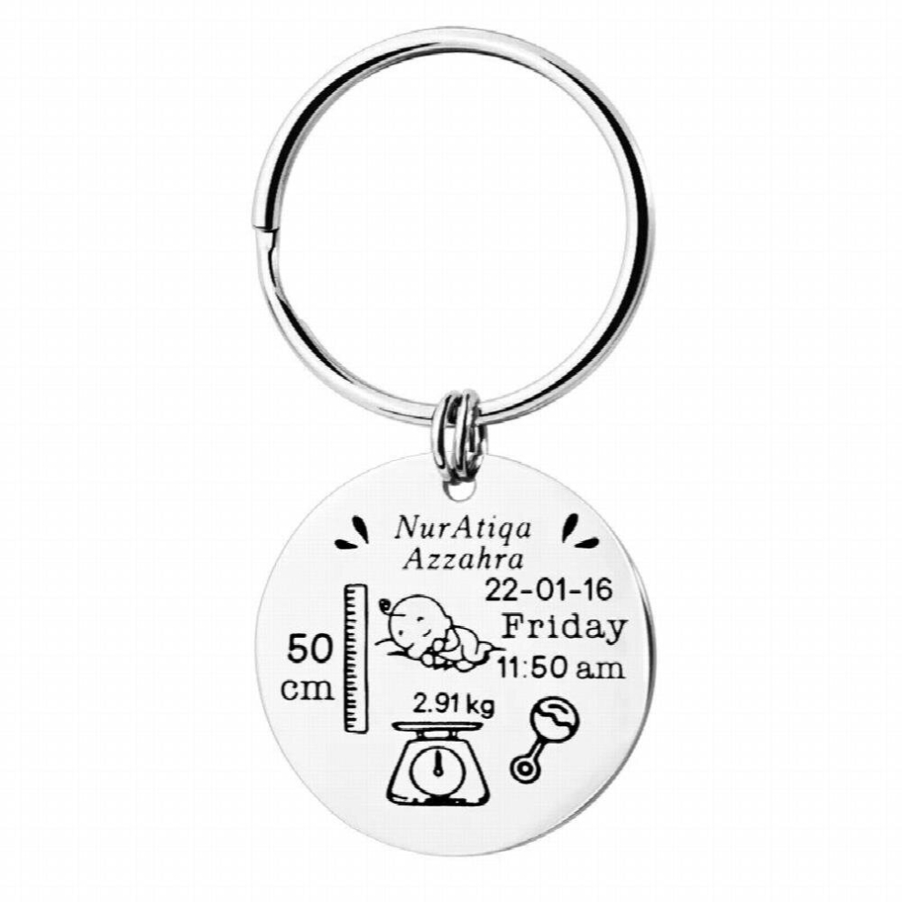 Baby Round Keychains Stainless Steel Birth Memorial Keyrings Engraved Llavero Stainless Steel Key Chain Jewelry Baby Gift