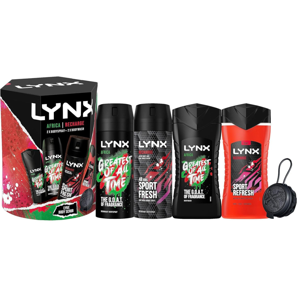 (New 2023 Lynx Recharge  Africa Gift Set) Recharge and Africa Bumper Pack Body Spray Gift Set Shower Tool, 2X Body Wash, 2X Deodorant Perfect Gifts fo