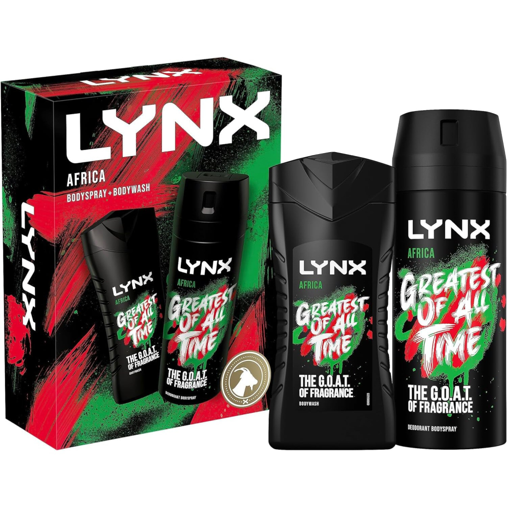 (Lynx Africa Duo Gift Set) Recharge and Africa Bumper Pack Body Spray Gift Set Shower Tool, 2X Body Wash, 2X Deodorant Perfect Gifts for Him 4 Piece