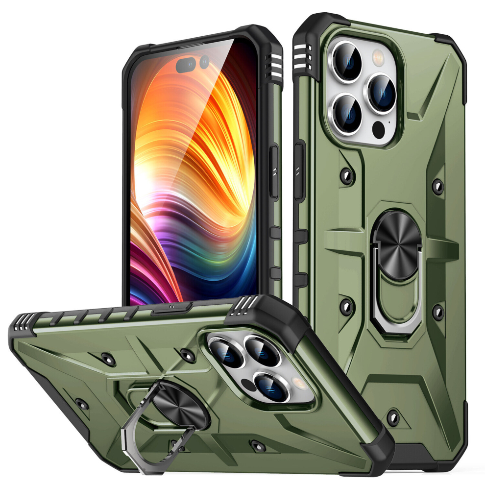 (Dark Green, iPhone 15 Pro Max) Shockproof Magnetic With Ring Holder Cover Case For iPhone 15 14 13 12 Plus Pro Max Mini