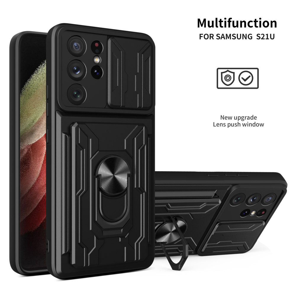 (Samsung S21 Ultra, Black) Magnetic Phone case For Samsung Galaxy S23 S22 S21 S20 Plus Ultra Fe with Card slot, Slide Camera Lens Protection and Built