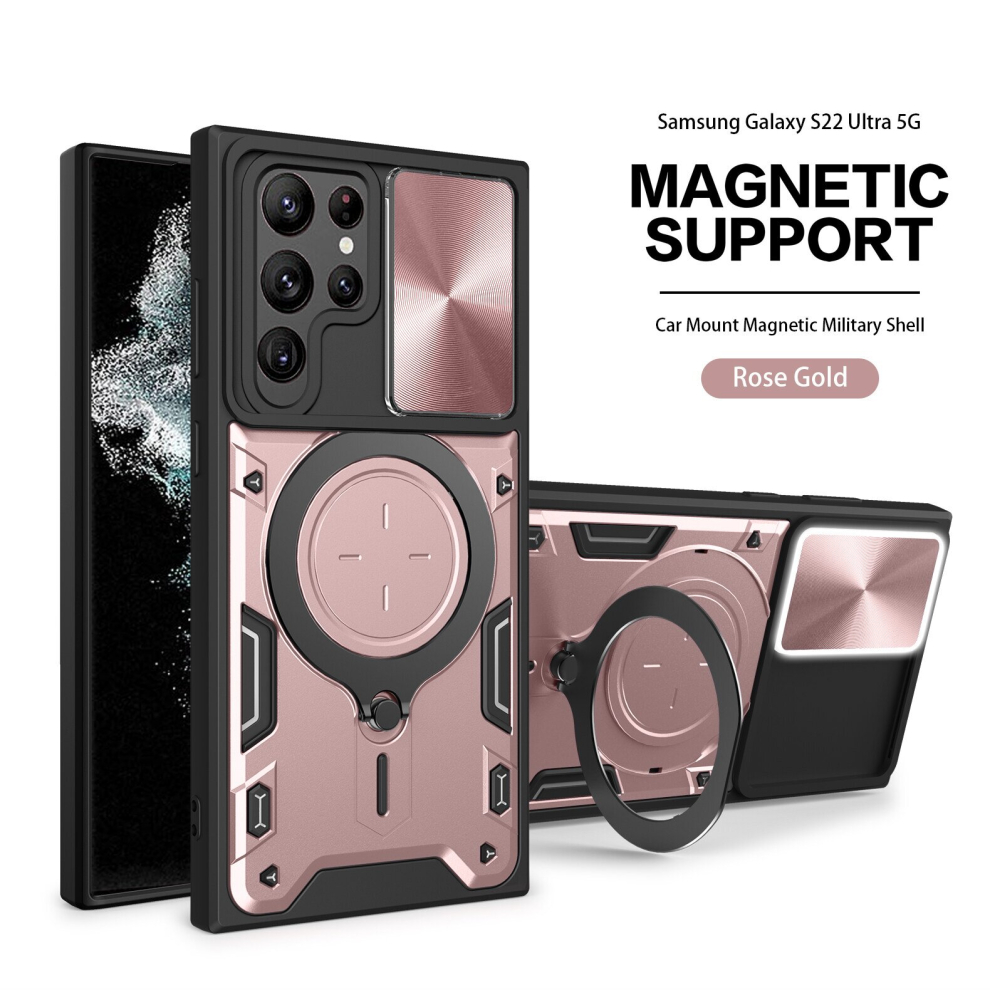 (Samsung S22 Ultra, Rose Gold) Magnetic Phone case For Samsung Galaxy S23 S22 S21 Note20 Plus Ultra Fe, Slide Camera Lens Protection and Built in 360