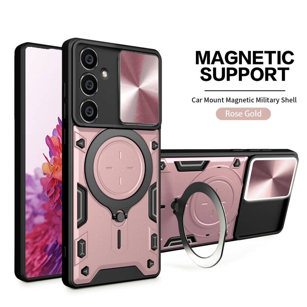 (Samsung S21 Fe, Rose Gold) Magnetic Phone case For Samsung Galaxy S23 S22 S21 Note20 Plus Ultra Fe, Slide Camera Lens Protection and Built in 360 Rotatable Ring Holder