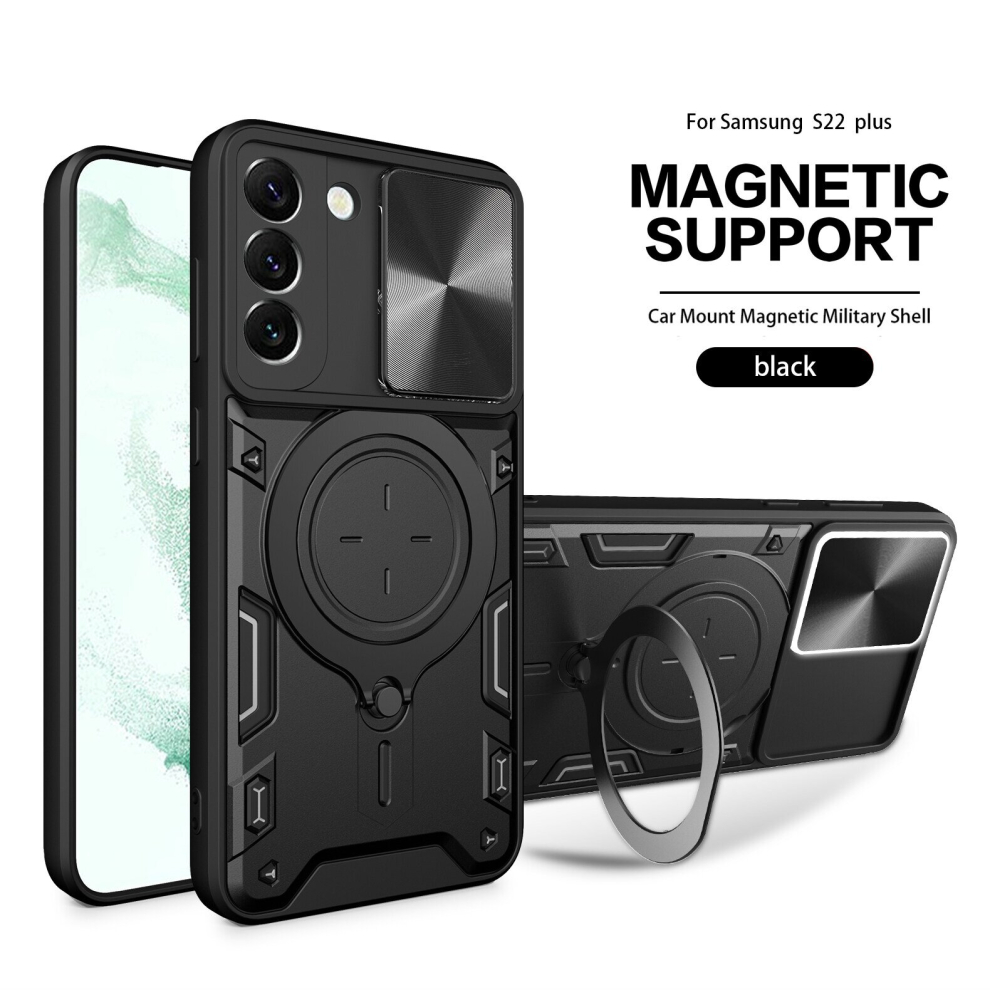 (Samsung S22 Plus, Black) Magnetic Phone case For Samsung Galaxy S23 S22 S21 Note20 Plus Ultra Fe, Slide Camera Lens Protection and Built in 360 Rotat