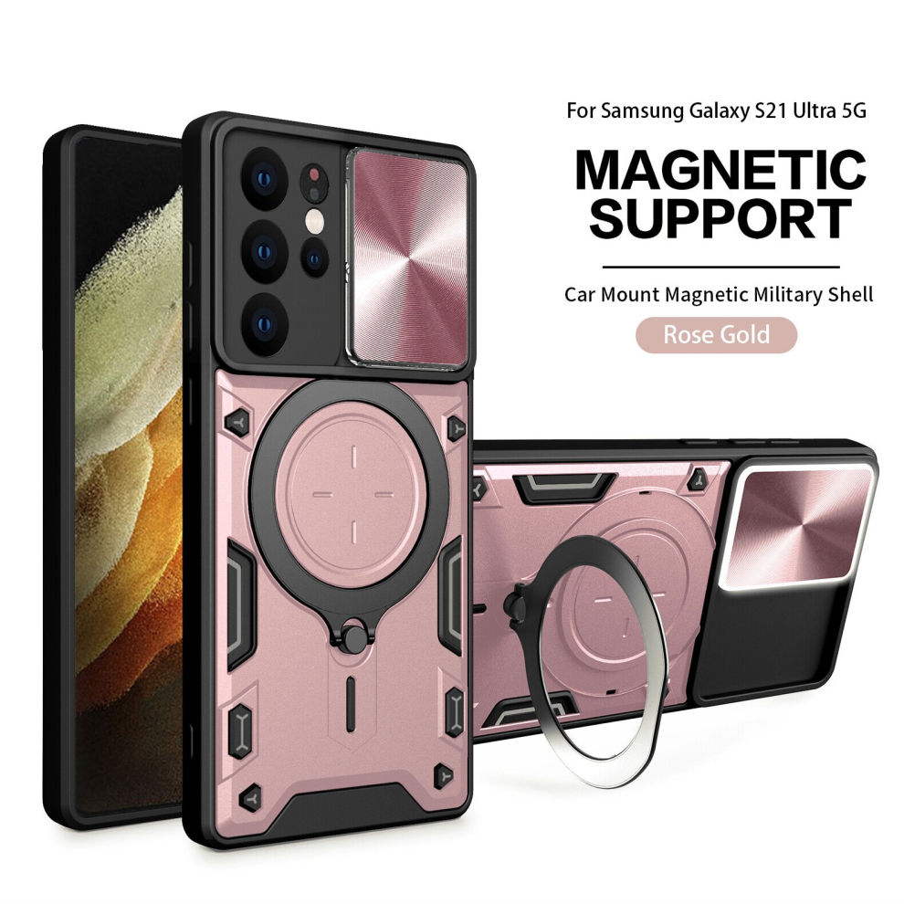 (Samsung S21 Ultra, Rose Gold) Magnetic Phone case For Samsung Galaxy S23 S22 S21 Note20 Plus Ultra Fe, Slide Camera Lens Protection and Built in 360