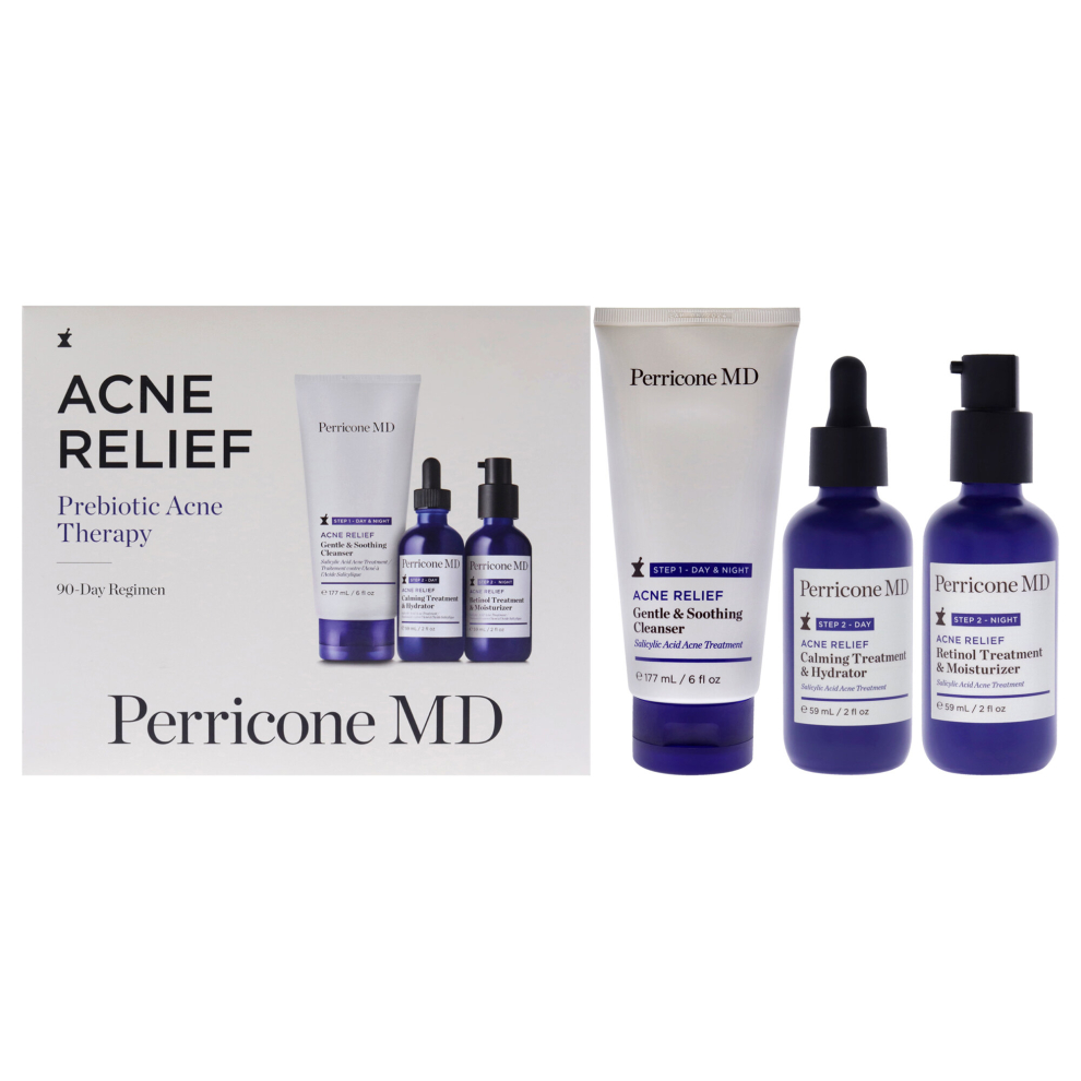 Perricone MD Acne Relief Prebiotic Acne Therapy 90-Days Regimen For Unisex 3 Pc 6oz Gentle and Soothing Cleanser, 2oz Calming Treatment and Hydrator,