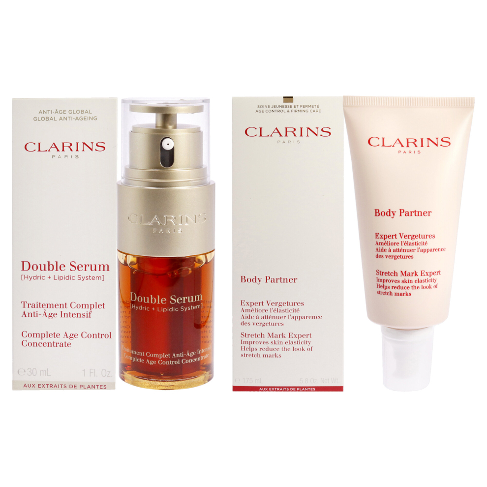 Clarins Double Serum Complete Age Control Concentrate and Body Partner Stretch Mark Expert Kit For Unisex 2 Pc Kit 1oz Serum, 5.8oz Body Lotion