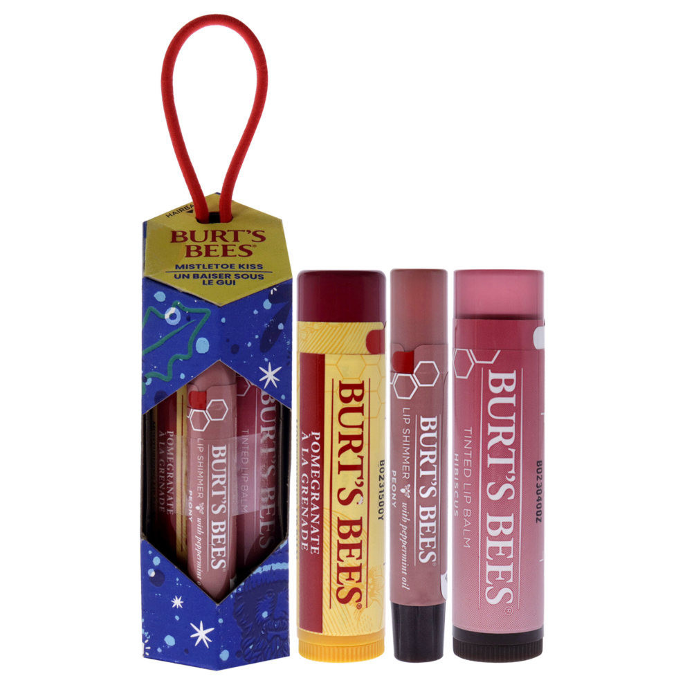 Burts Bees Mistletoe Kiss Gift 2023 - Pink For Women 3 Pc 0.15oz Pomegranate Lip Balm, 0.09oz Peony Lip Shimmer, 0.15oz Hibiscus Tinted Lip Balm