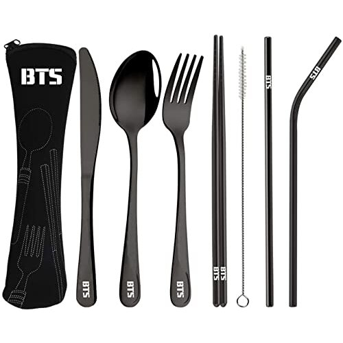 BTS Portable Cutlery Set Straw, Straight Straw, Knife, Fork, Spoon, Chopsticks, Cleaning Brush