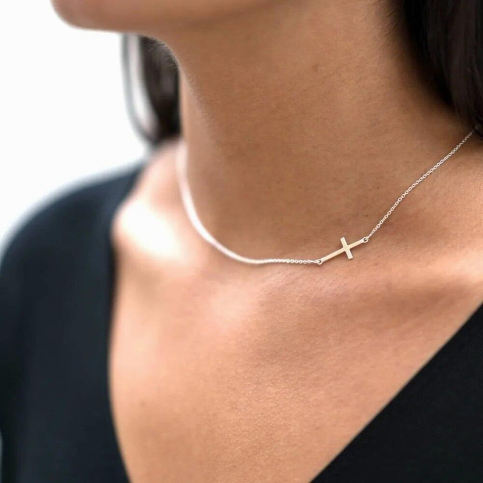 100% 925 Sterling Silver Dainty Stunning Minimal Delicate Cross Sideway Tiny Thin Chain Women Ladies Necklace Multicoloured
