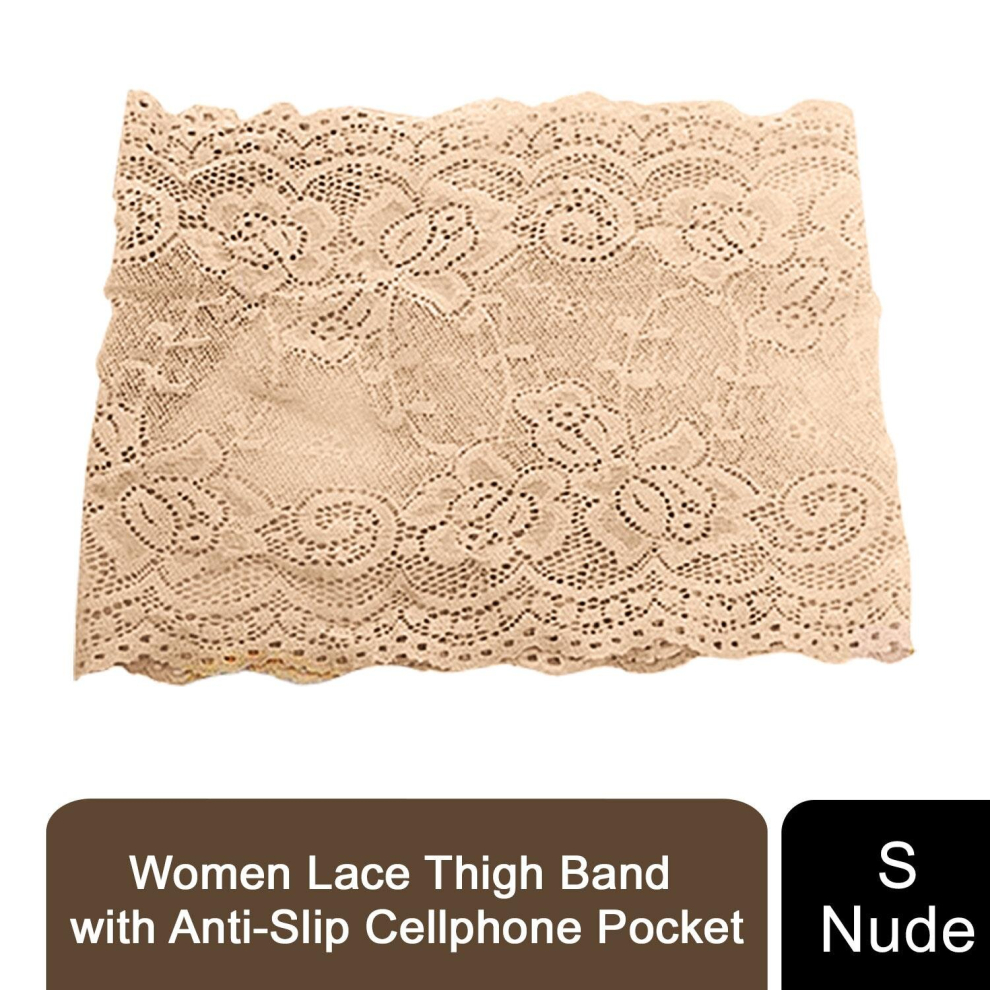 (Nude - Small) Women Lace Thigh Band with Anti-Slip Phone Pocket