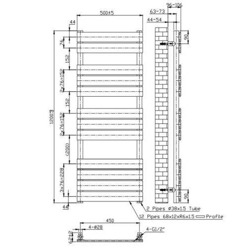 (500 x 1200 mm (h), TRV Angled Valves) Gold Panel Towel Rail Radiator 1