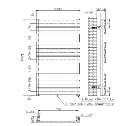(500 x 800 mm (h), Angled Valves) Gold Panel Towel Rail Radiator 1