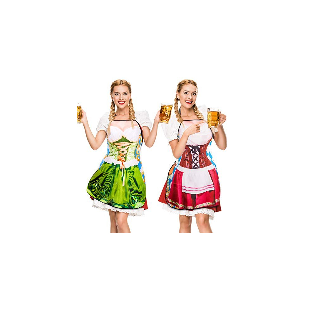 Whaline 2Pcs Oktoberfest Apron, Female Dirndl Costume Outfit, German Oktoberfest Dress, Novelty Apron for Kitchen Cooking BBQ Party (Red, Green)