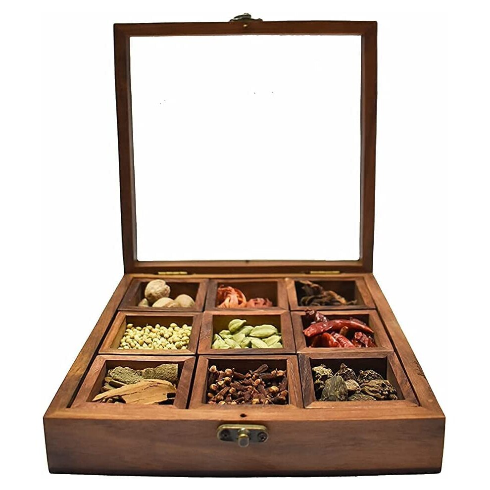 Wooden Spice Rack Organizer Box with Lid 9 Compartments Masala Dabba with Glass Slide Top 8x8