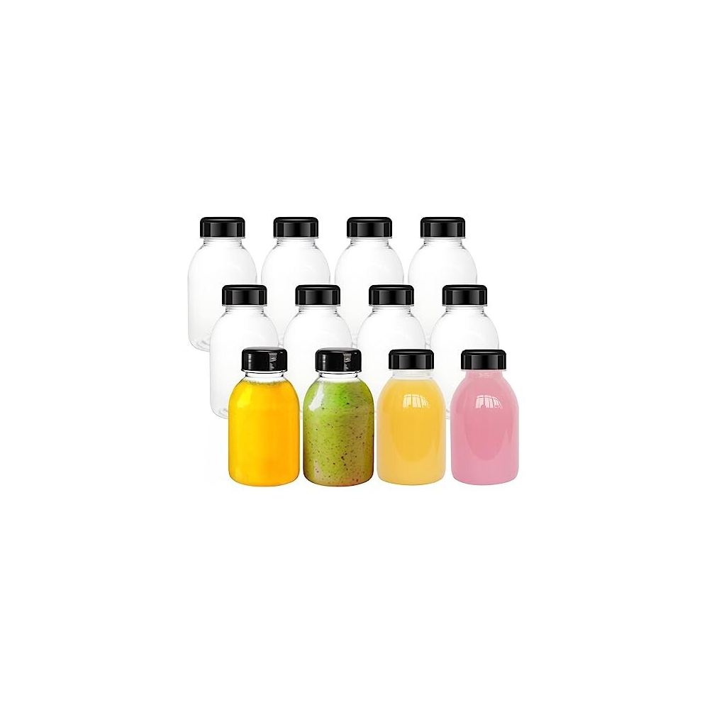 12 Pack 8 OZ (250 ml) Clear Plastic Juice Bottles with Lids, Bulk Beverage Containers with Black Tamper Evident Lids for Fruit Vegetable Juicing, Smoo