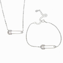 drop untique dainty delicate necklace Safety Pin charm paved cz bracelet set Womens Girls in 100% 925 sterling silver