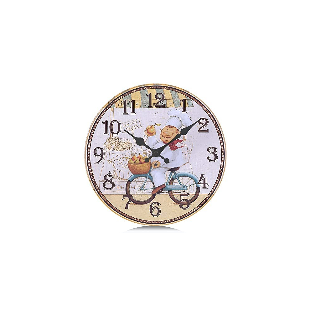 Lafocuse Retro Yellow Kitchen Wall Clock Chef Silent Non Ticking Quartz Decorative Vintage Farmhouse Wooden Frameless Wall Clocks for Living Room Mode
