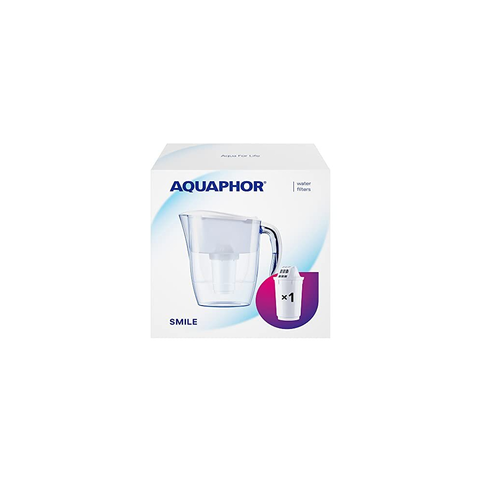 AQUAPHOR Water Filter Jug Smile White incl. 1 A5 Filter with added magnesium I Reduces Limescale & Chlorine I Carafe for 2,9l I Compact & Lightweight