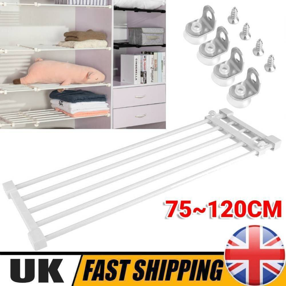 75-120cm Extendable Closet Organiser Wardrobe Shelf Storage Divider Rack Cupboard Shelves