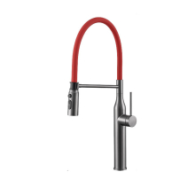 (Gun Gray + Red) Kitchen Faucet Household Hot and Cold Universal Telescopic Silicone Tube 360° Rotating Faucet