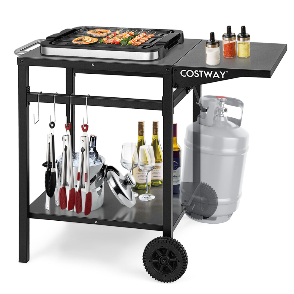 Dining Cart Double-Shelf Pizza Oven Serving Trolley w/  Extended Side & Wheels