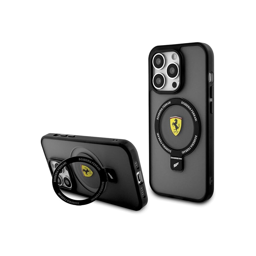 Coque rigide Ferrari pour iPhone 15 Pro 6,1" avec MagSafe et anneau de support, noire - FEHMP15LUSCAK